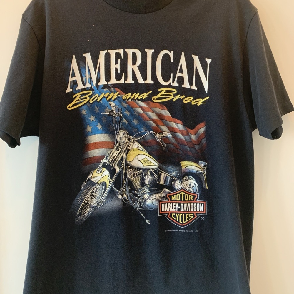 Vtg 3D Emblem American Born And Bred Harley Davidson Motor Cycles Black Large T
